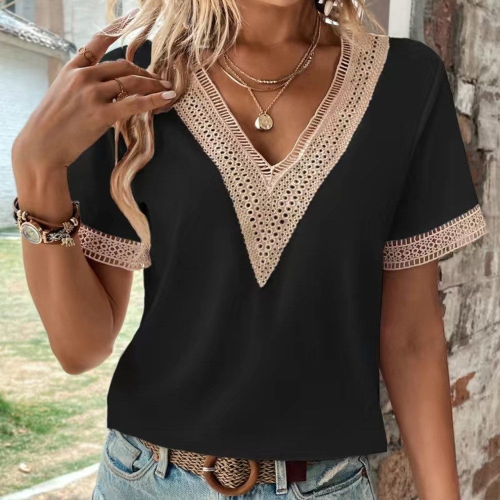 Black Embroidered Lace Short Sleeve Shirt Boho V Neck Blouse M L XL New - Picture 2 of 6